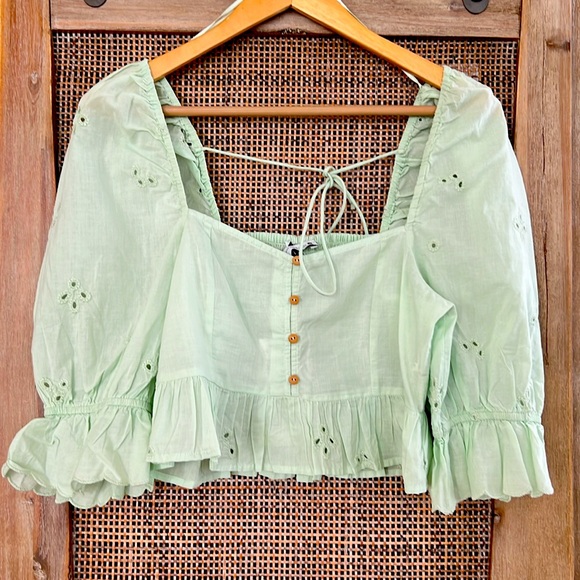 Zara Tops - Zara Embroidered Cutout Eyelet Blouse Top Mint Green size XS